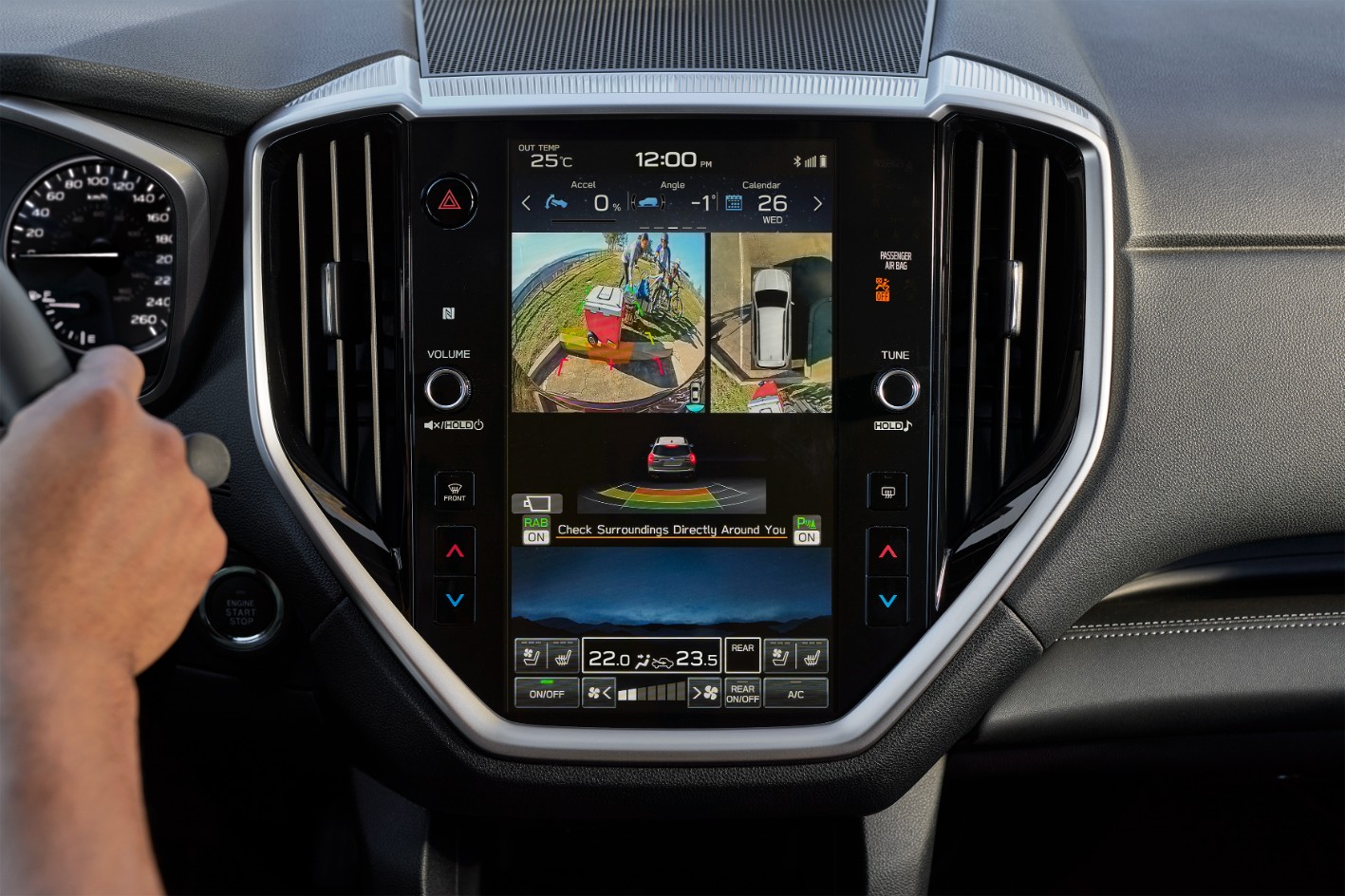 The Subaru Evoltis infotainment system and center control panel.