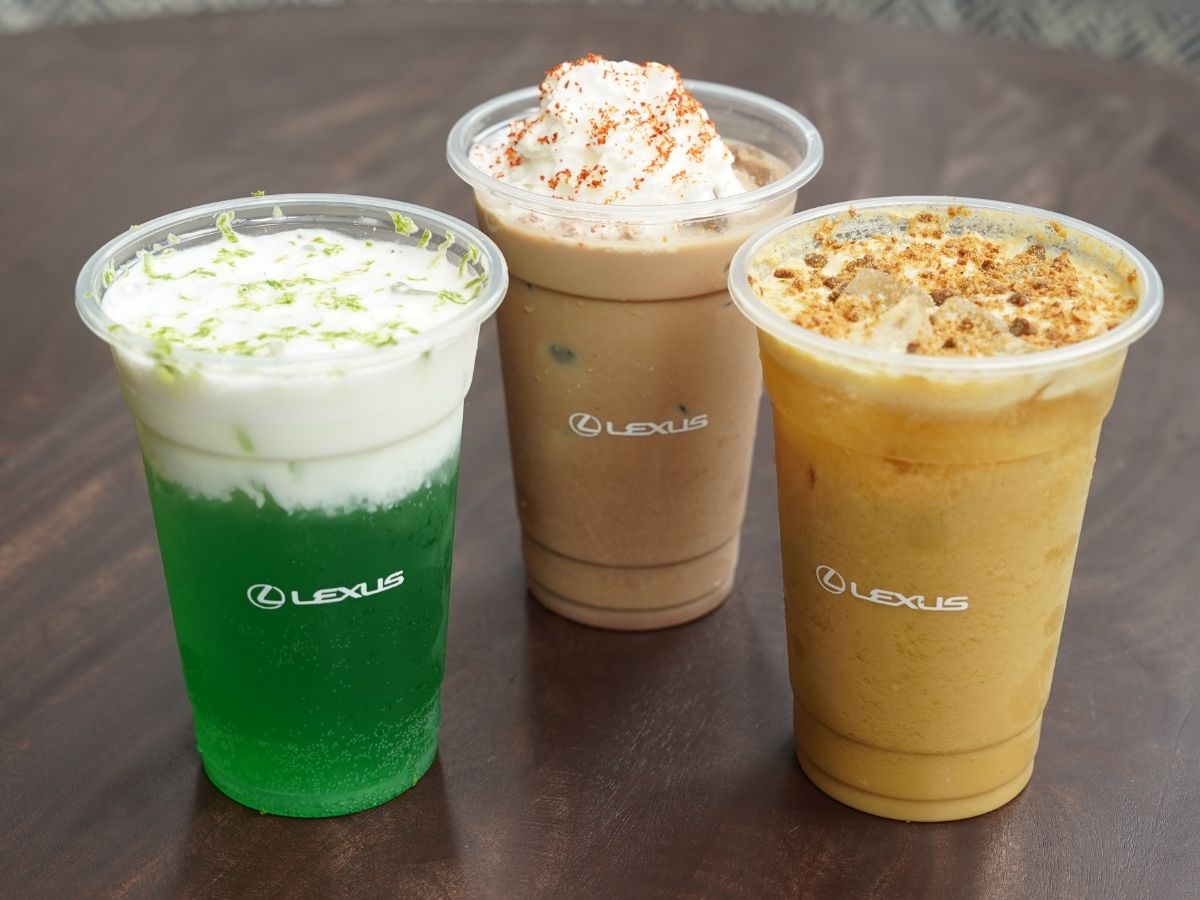 Key Coffe at Lexus Mitsukoshi new drinks. From left: Citrus Cream Soda, Chili Mint Nama Latte, and Velvet Peach & Toffee