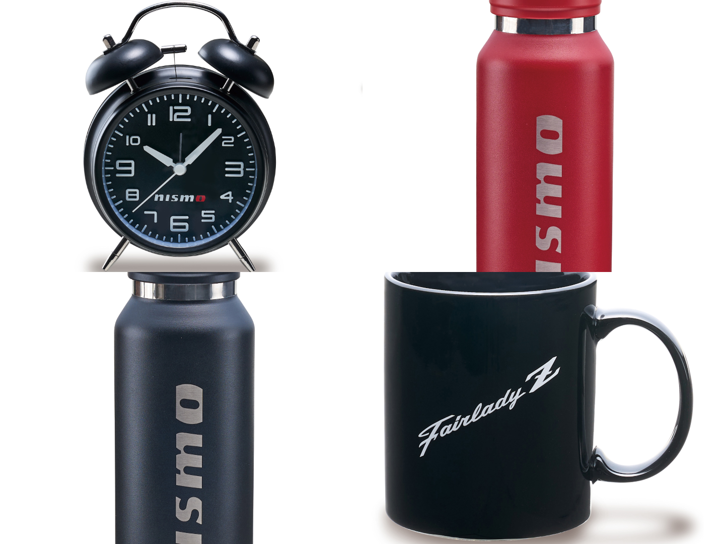Nissan and NISMO desk clock, mug, and tumblers